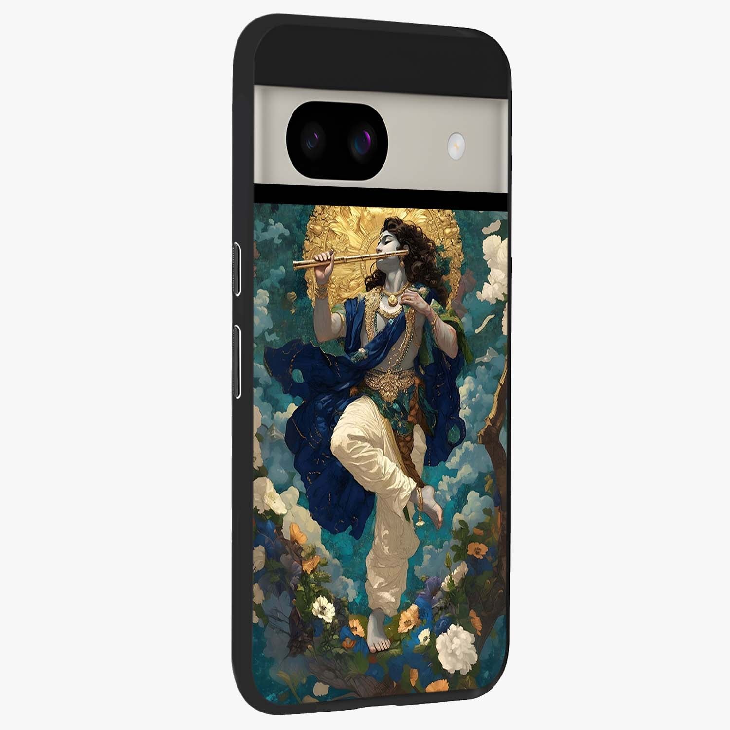 Divine Krishna Art Glass Case upright view showcasing divine Krishna artwork with sacred artistic theme.