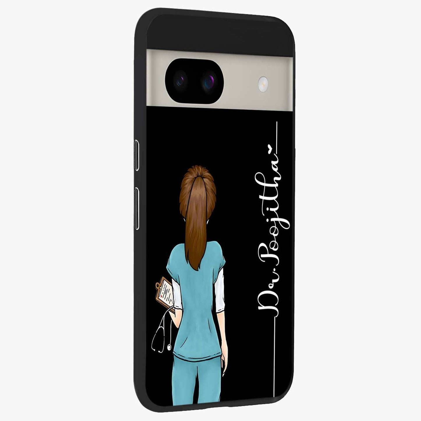 Doctor Pattern Custom Name Glass Case upright view showcasing healthcare themed design with personalized aesthetic.
