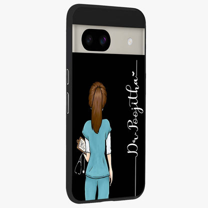 Doctor Pattern Custom Name Glass Case upright view showcasing healthcare themed design with personalized aesthetic.