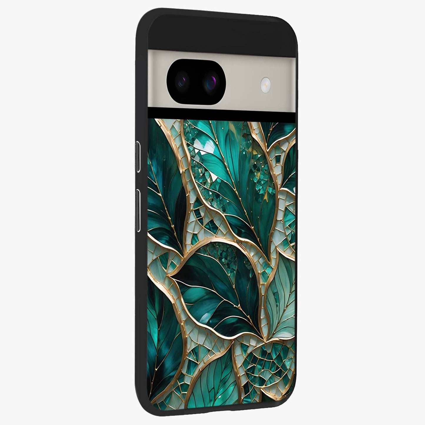 Emerald Leaf Glass Glass Case upright view showcasing fresh green leaf artwork with calming nature inspired style.