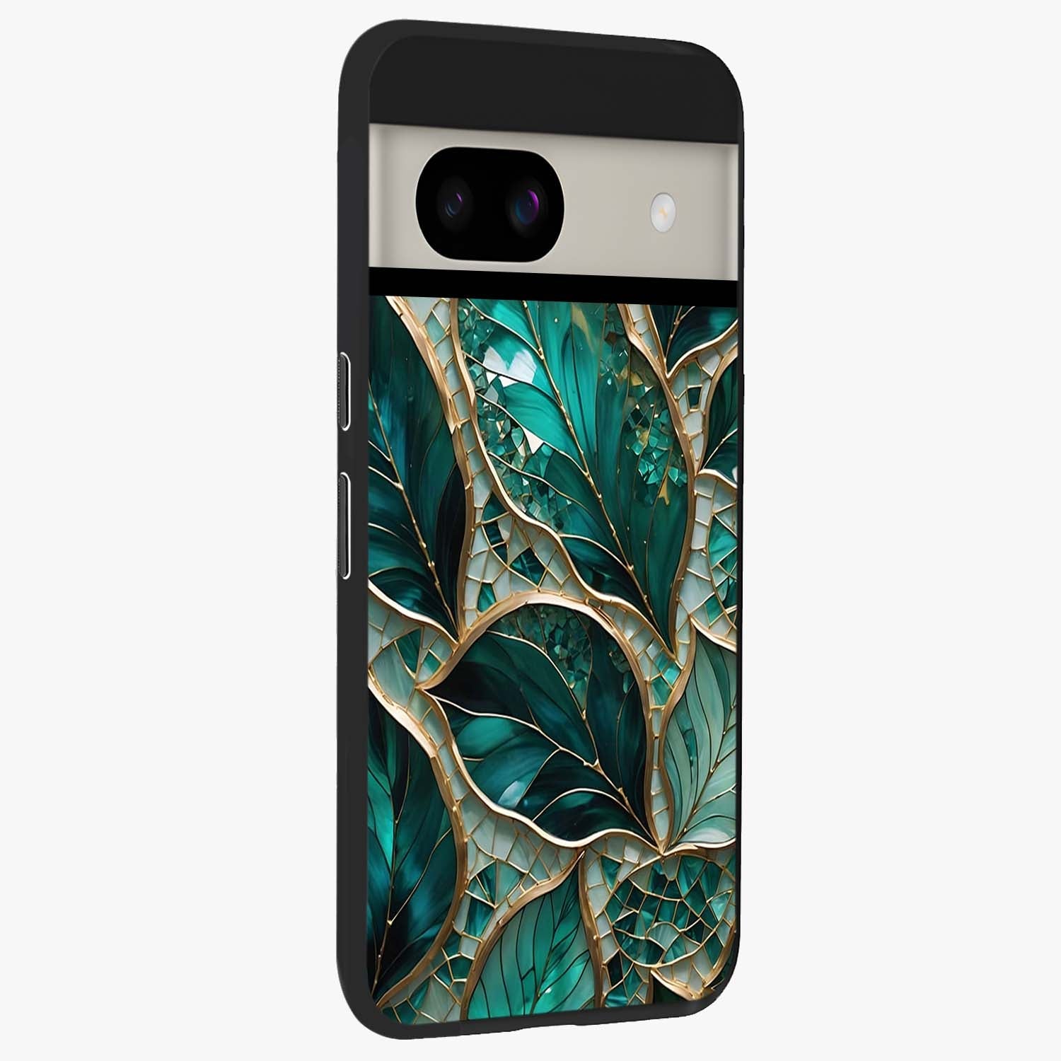 Emerald Leaf Glass Glass Case upright view showcasing fresh green leaf artwork with calming nature inspired style.