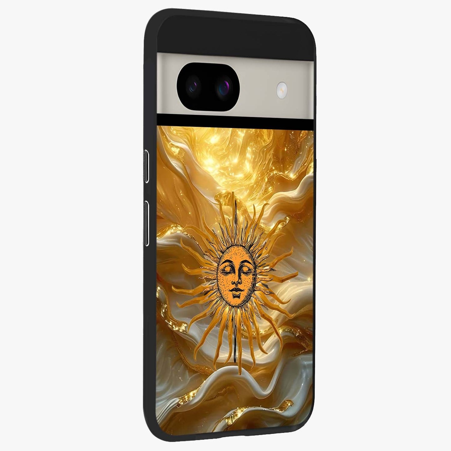 Eternal Golden Glow Glass Case upright view showcasing luminous golden artwork with luxurious visual theme.