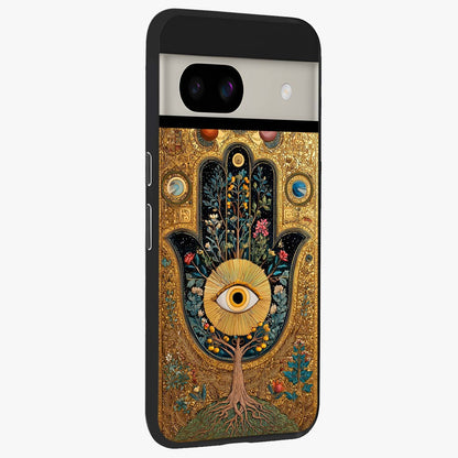 Ethereal Evil Eye Glass Case upright view showcasing celestial evil eye artwork with mystical theme.