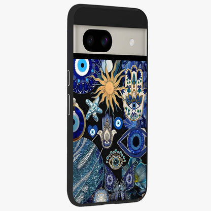 Evil Eye Charm Mix Glass Case upright view showcasing mystical evil eye pattern with vibrant decorative style.