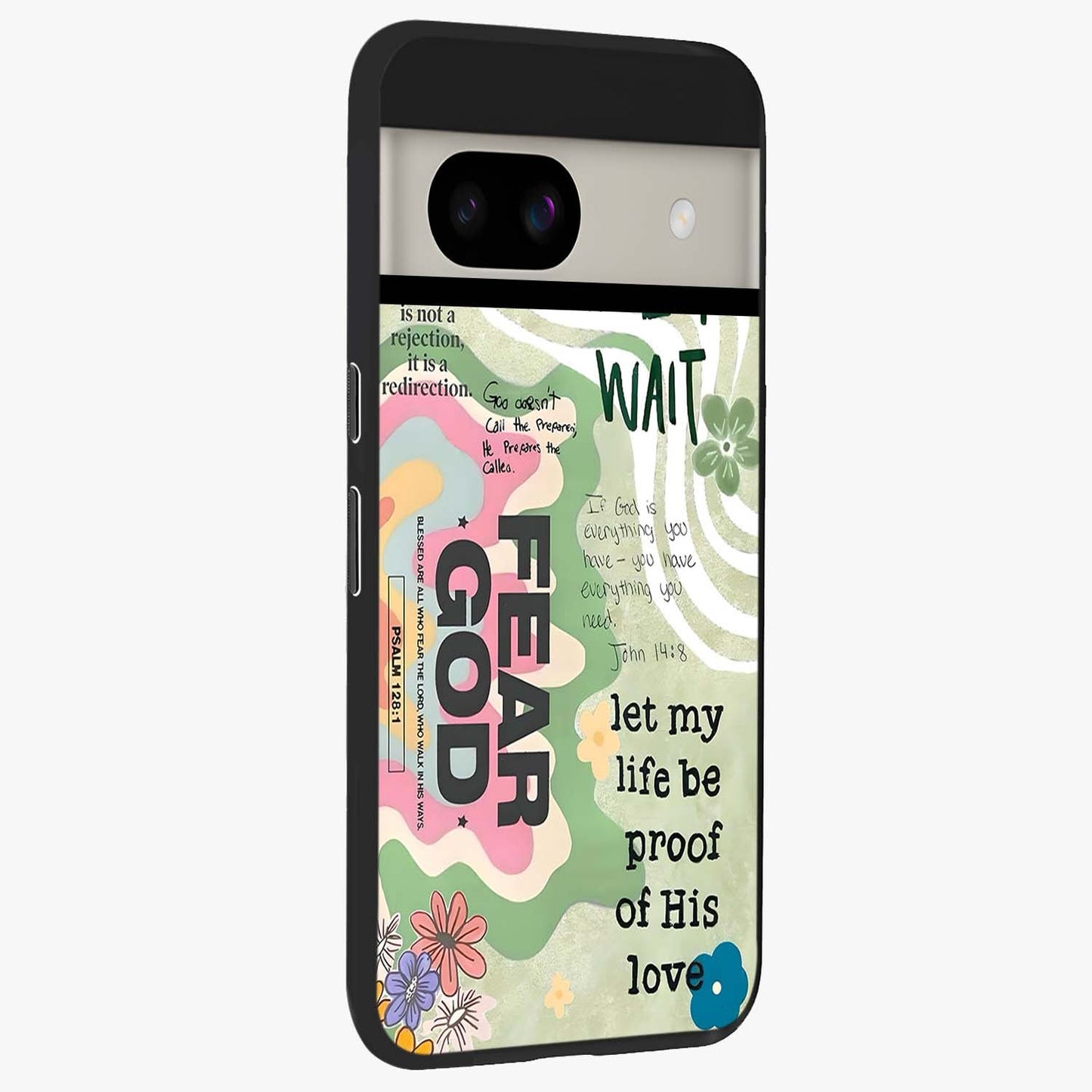 Faith Over Fear Glass Case upright view showcasing bold typography artwork with uplifting motivational theme.