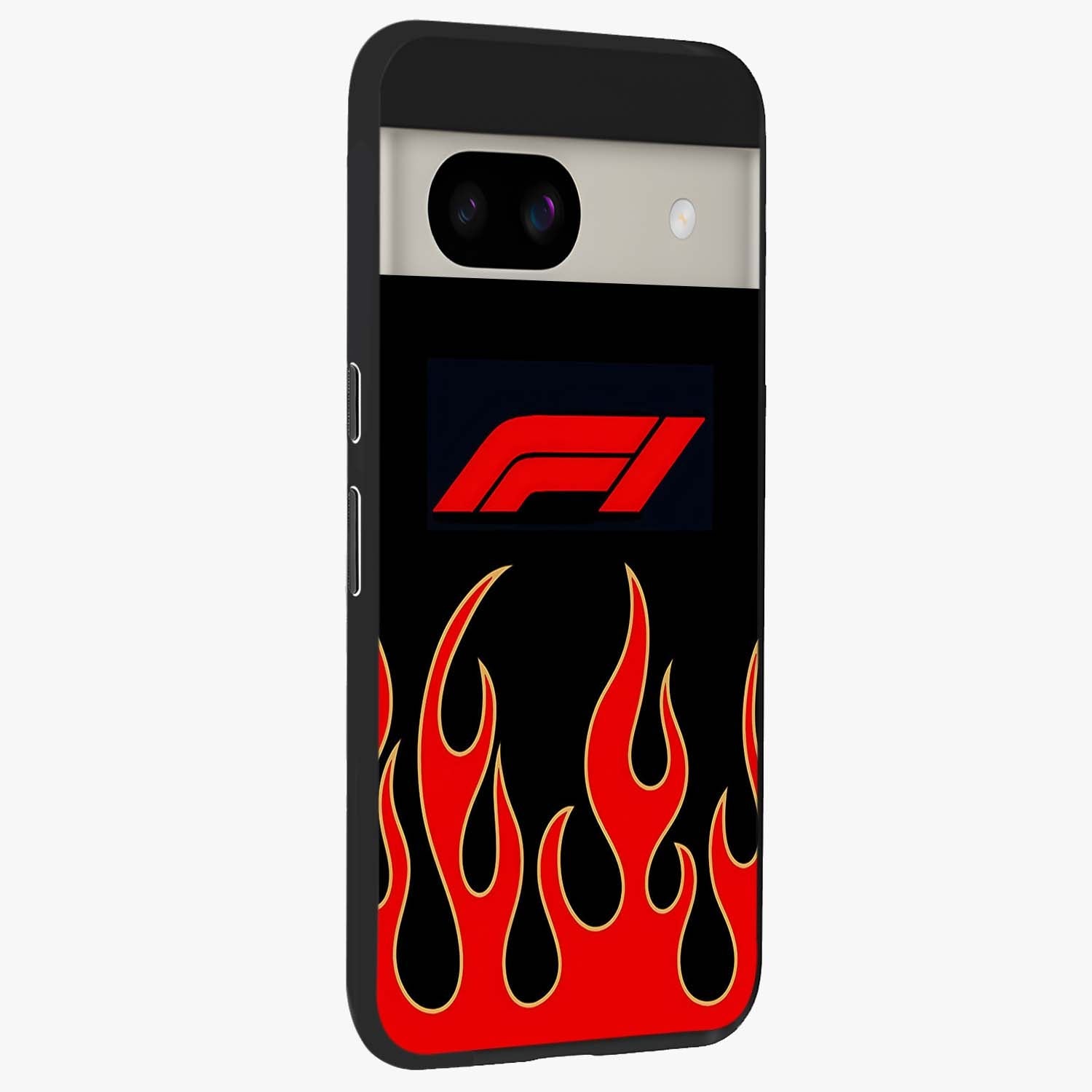 Fire F11 Glass Case upright view showcasing dynamic flame artwork with intense visual theme.