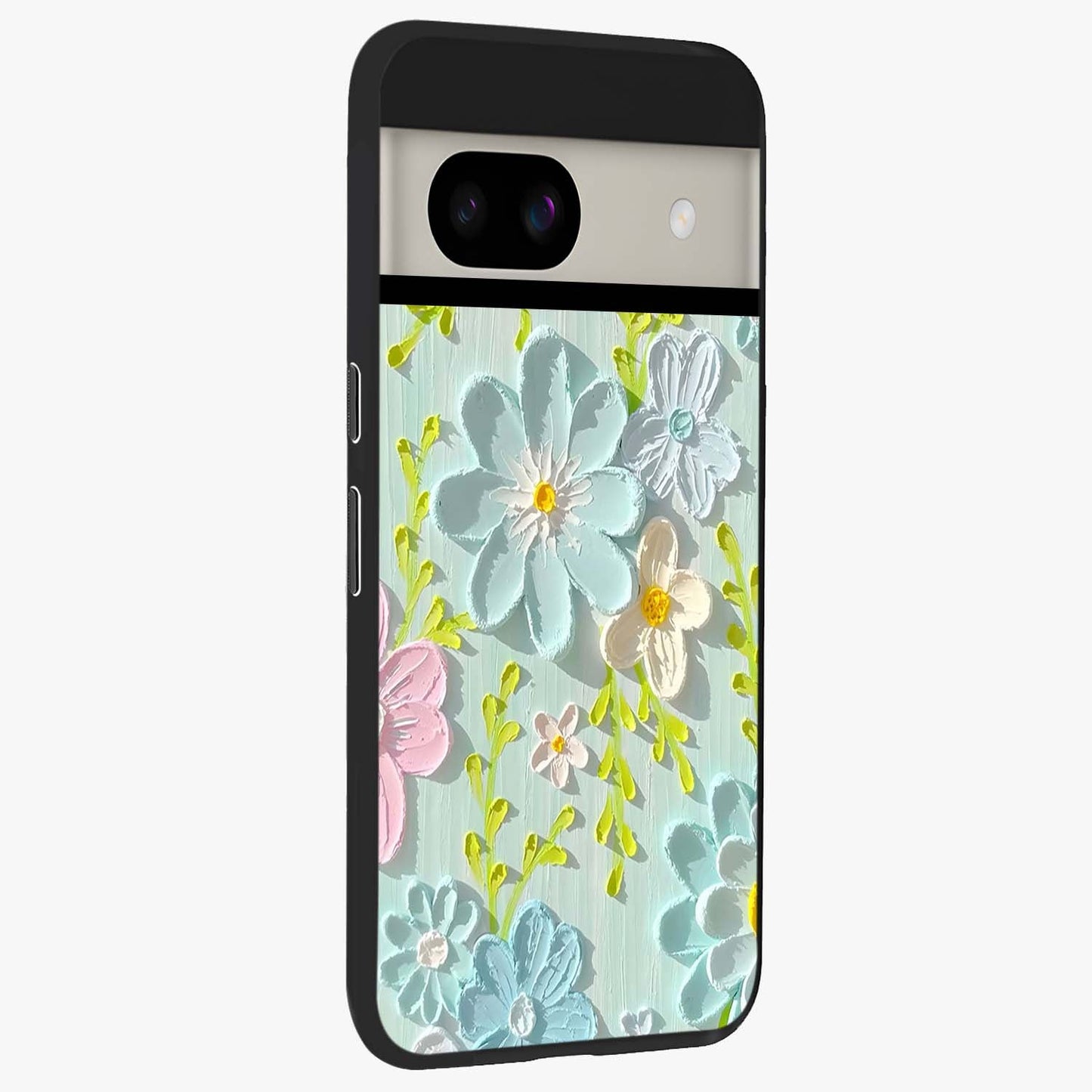 Frosted Petal Garden Glass Case upright view showcasing elegant floral garden artwork with soothing pastel theme.