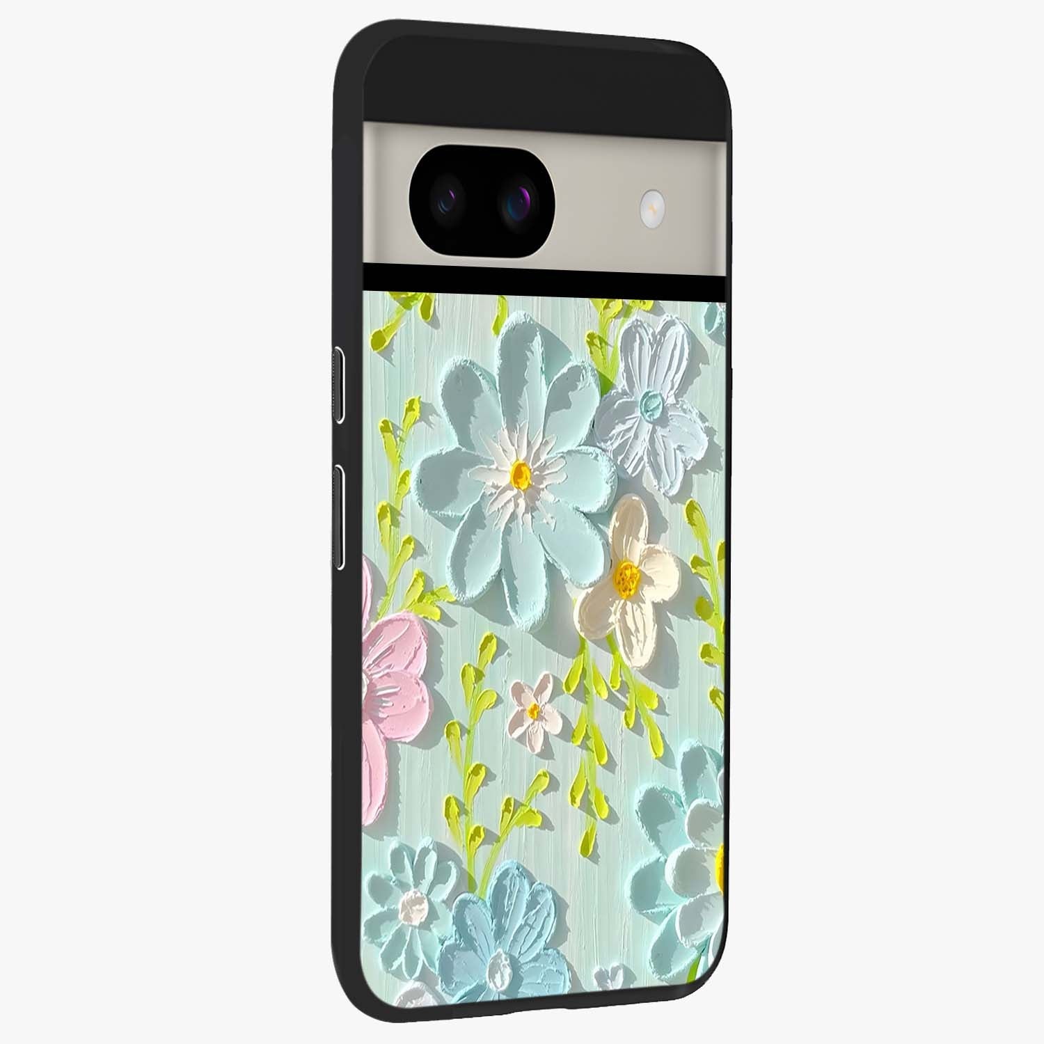 Frosted Petal Garden Glass Case upright view showcasing elegant floral garden artwork with soothing pastel theme.