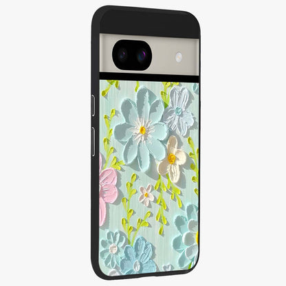 Frosted Petal Garden Glass Case upright view showcasing elegant floral garden artwork with soothing pastel theme.