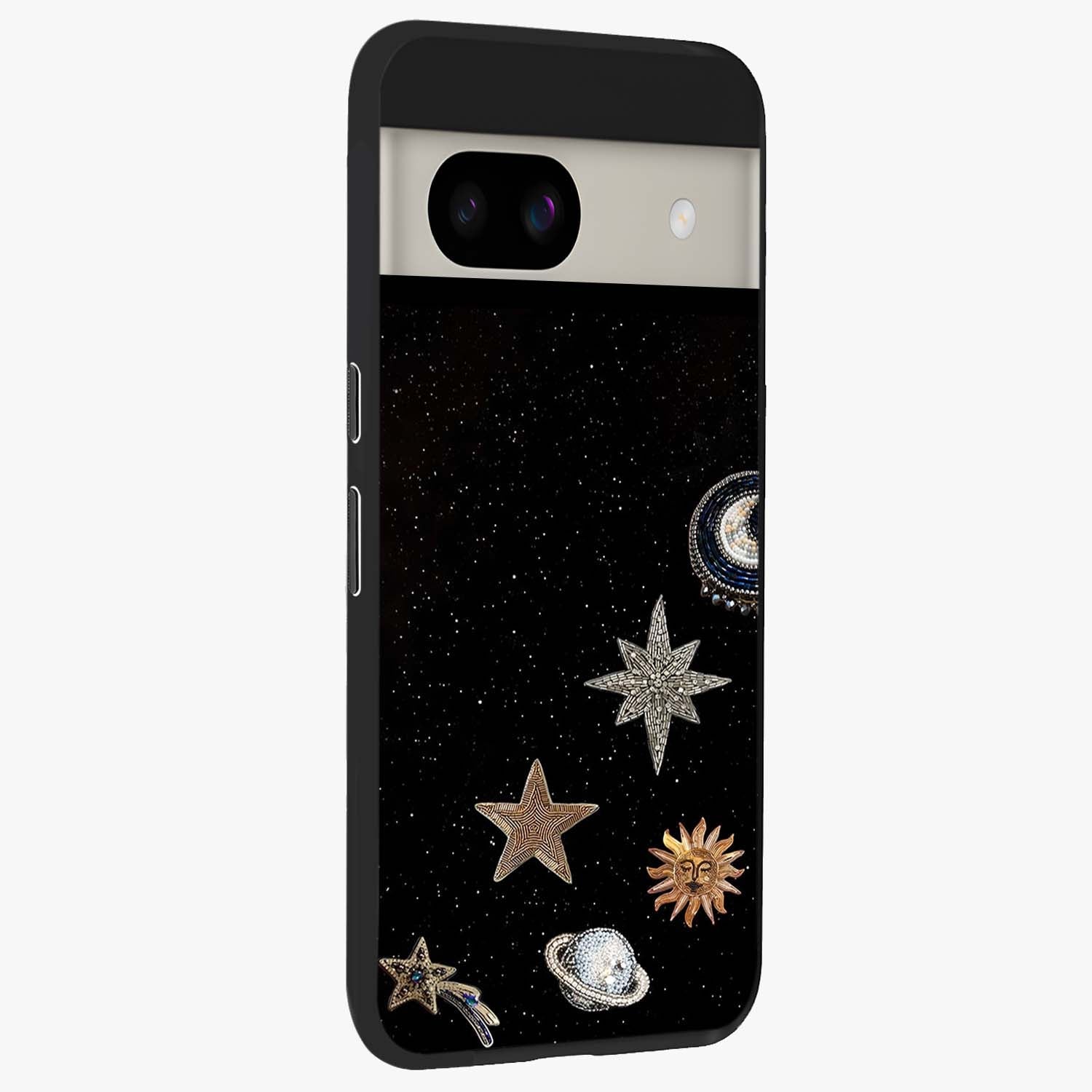 Galactic Charm Glow Glass Case upright view showcasing glowing cosmic charm artwork with magical celestial style.