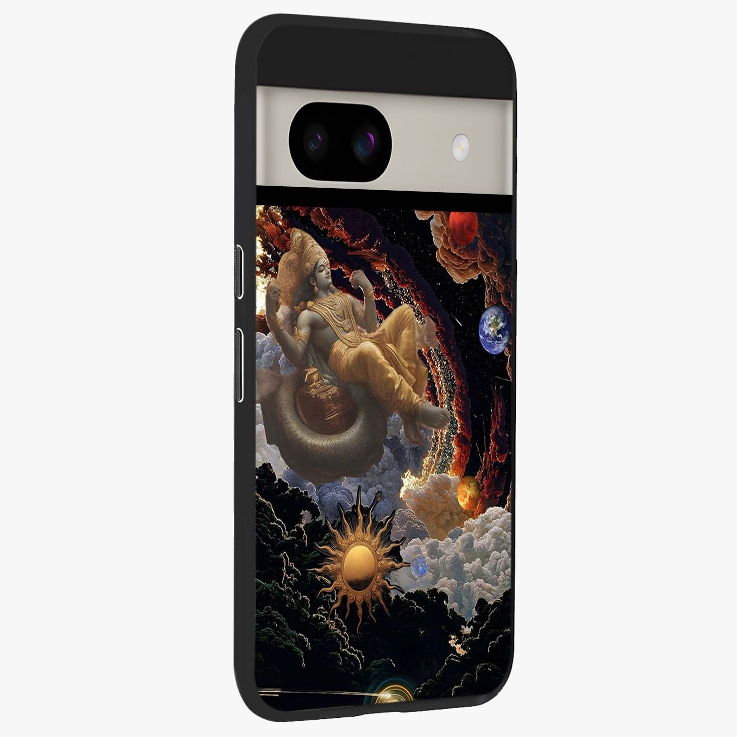 Galactic Divine God Glass Case upright view showcasing mystical divine artwork with dramatic cosmic theme.