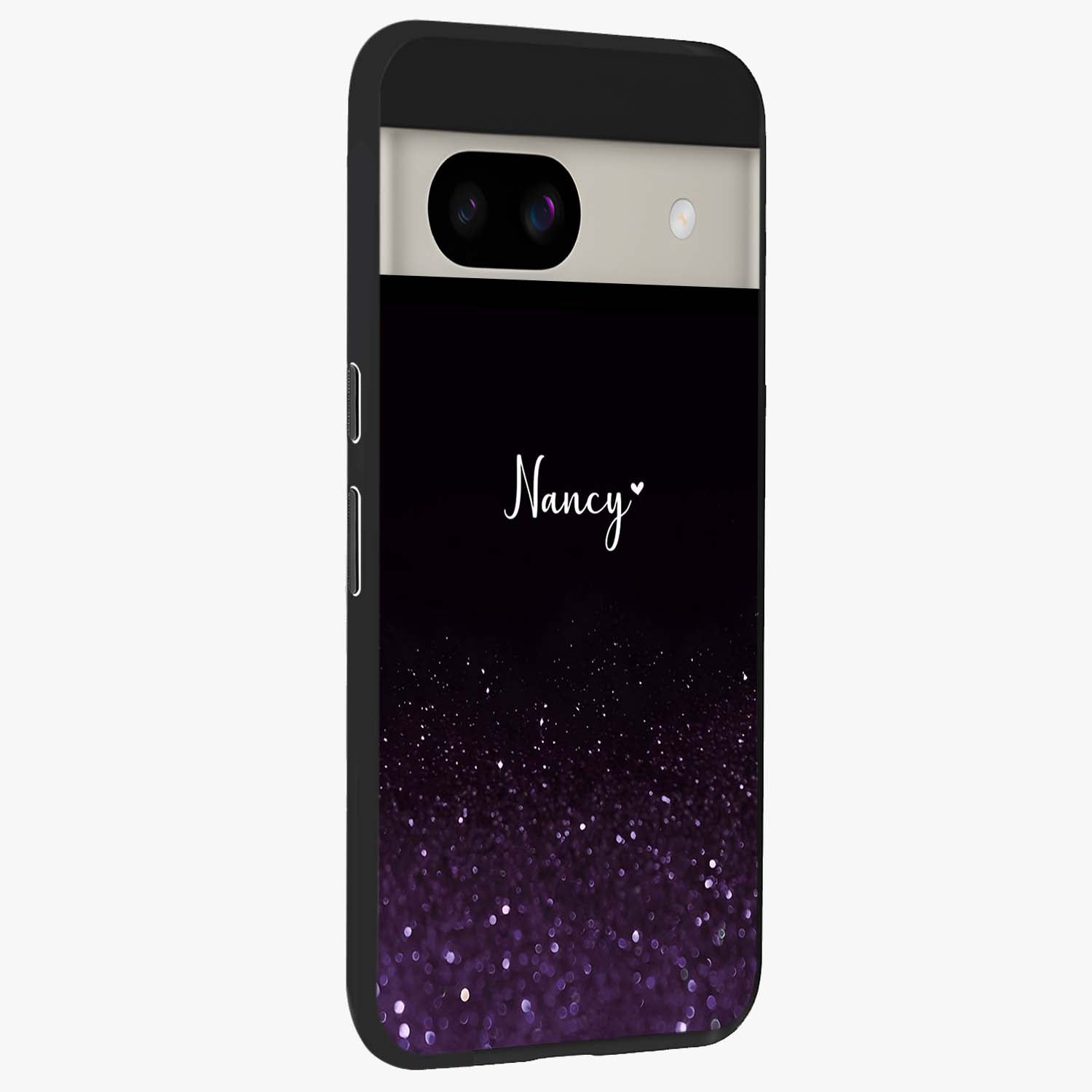 Glittery Purple Bokeh Custom Name Glass Case upright view showcasing vibrant purple sparkle artwork with personalized aesthetic style.