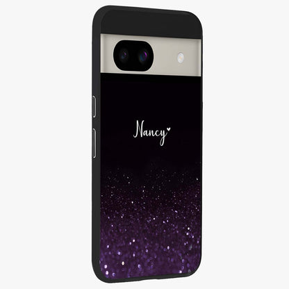 Glittery Purple Bokeh Custom Name Glass Case upright view showcasing vibrant purple sparkle artwork with personalized aesthetic style.