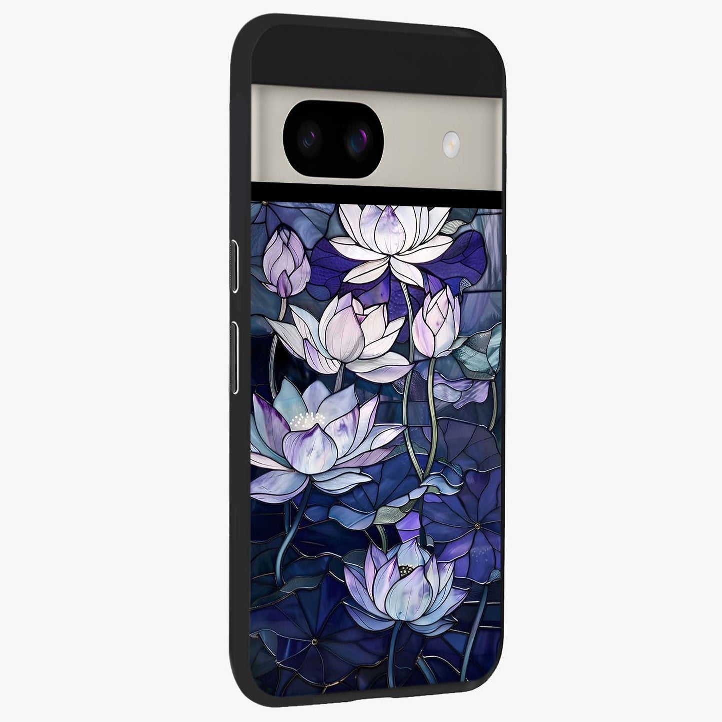 Gloss Petal Rush Glass Case upright view showcasing dynamic floral petal artwork with modern botanical theme.