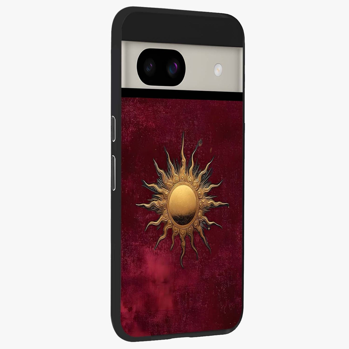 Golden Sun Minimalism Glass Case upright view showcasing simple golden sun artwork with elegant minimalist style.