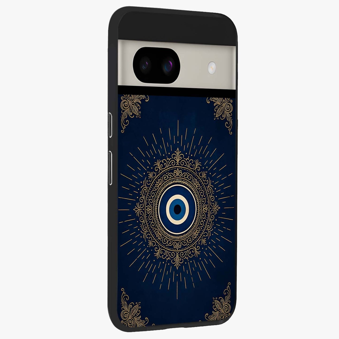 Golden Celestial Charm Glass Case upright view showcasing radiant celestial artwork with elegant golden theme.