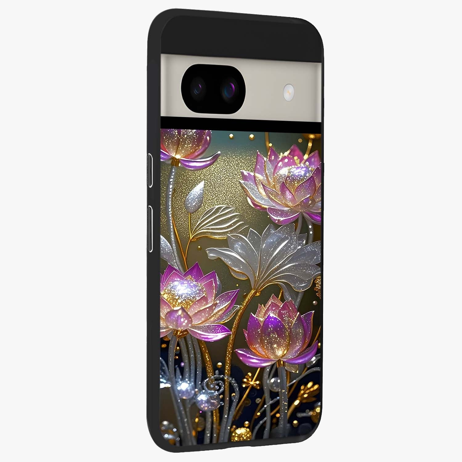 Golden Floral Majesty Glass Case upright view showcasing majestic floral artwork with rich decorative theme.