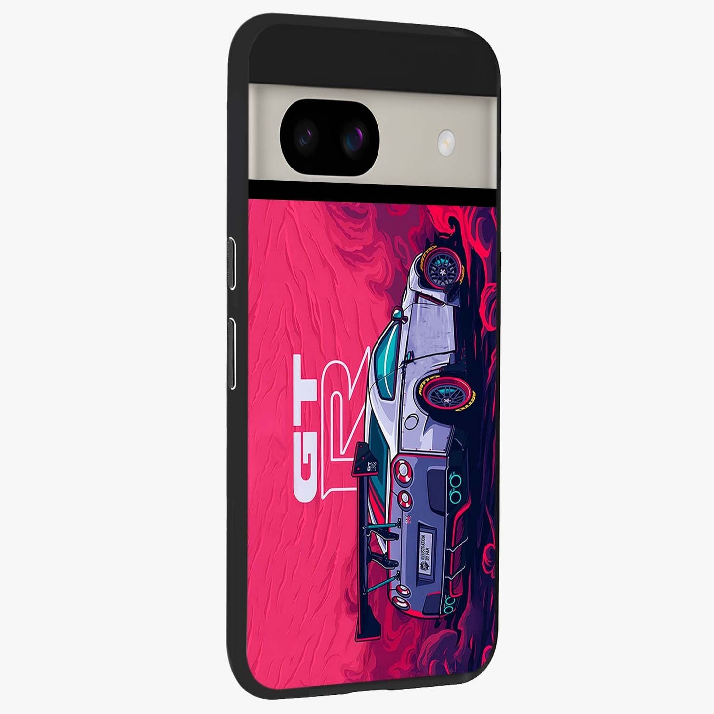 GT-R Car Pattern Glass Case upright view showcasing dynamic car pattern artwork with modern sports theme.