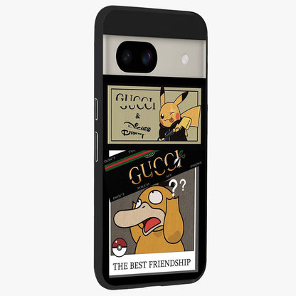 Gucci Play Mashup Glass Case upright view showcasing trendy luxury inspired artwork with modern fashion theme.