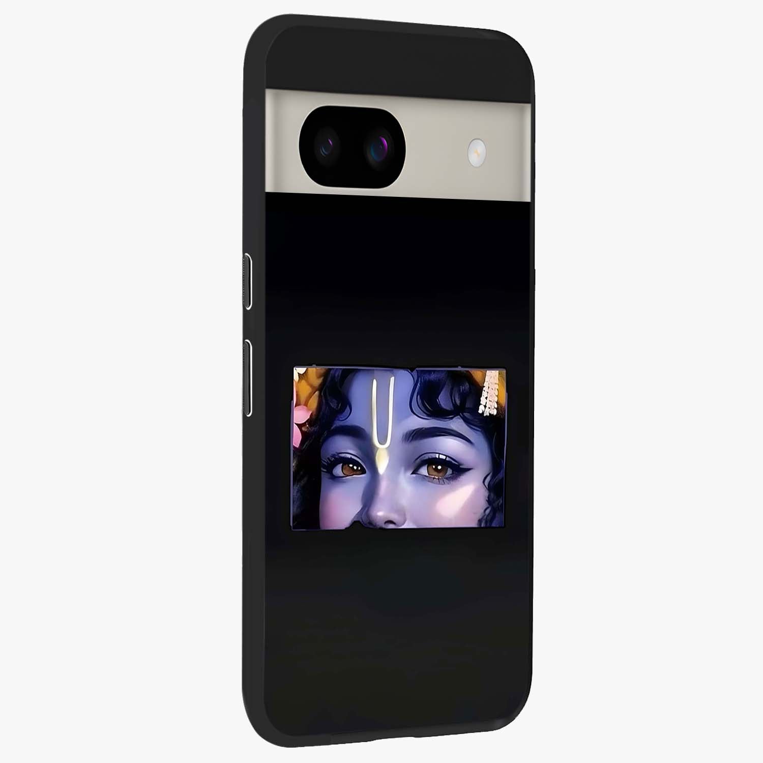 Krishna Divine Embrace Glass Case upright view showcasing sacred Krishna artwork with peaceful devotional theme.