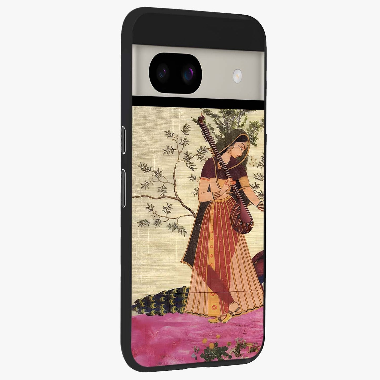 Lady With Veena Art Glass Case upright view showcasing classical veena artwork with traditional artistic theme.
