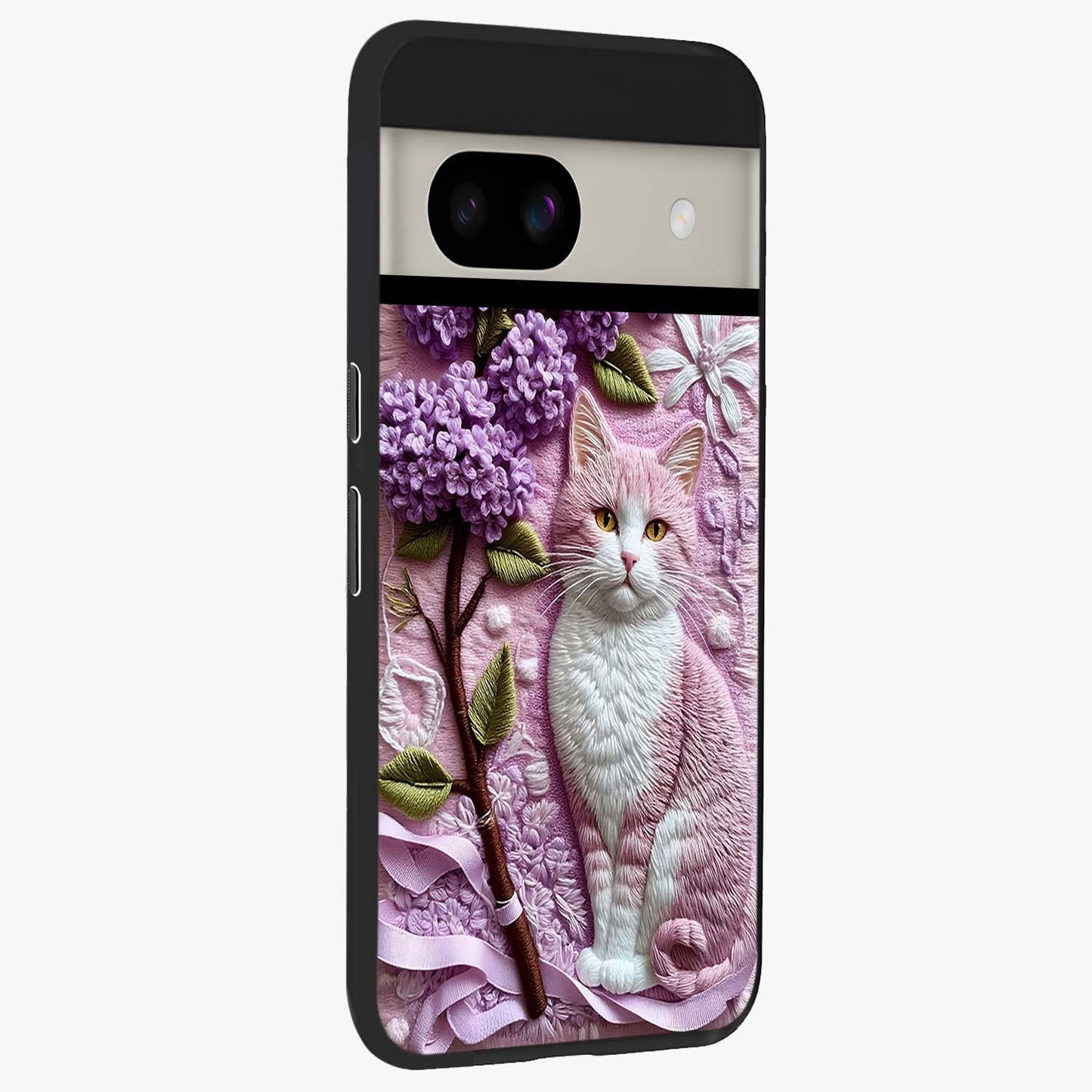 Lavender Cat Whimsy Glass Case upright view showcasing charming cat artwork with whimsical lavender theme.
