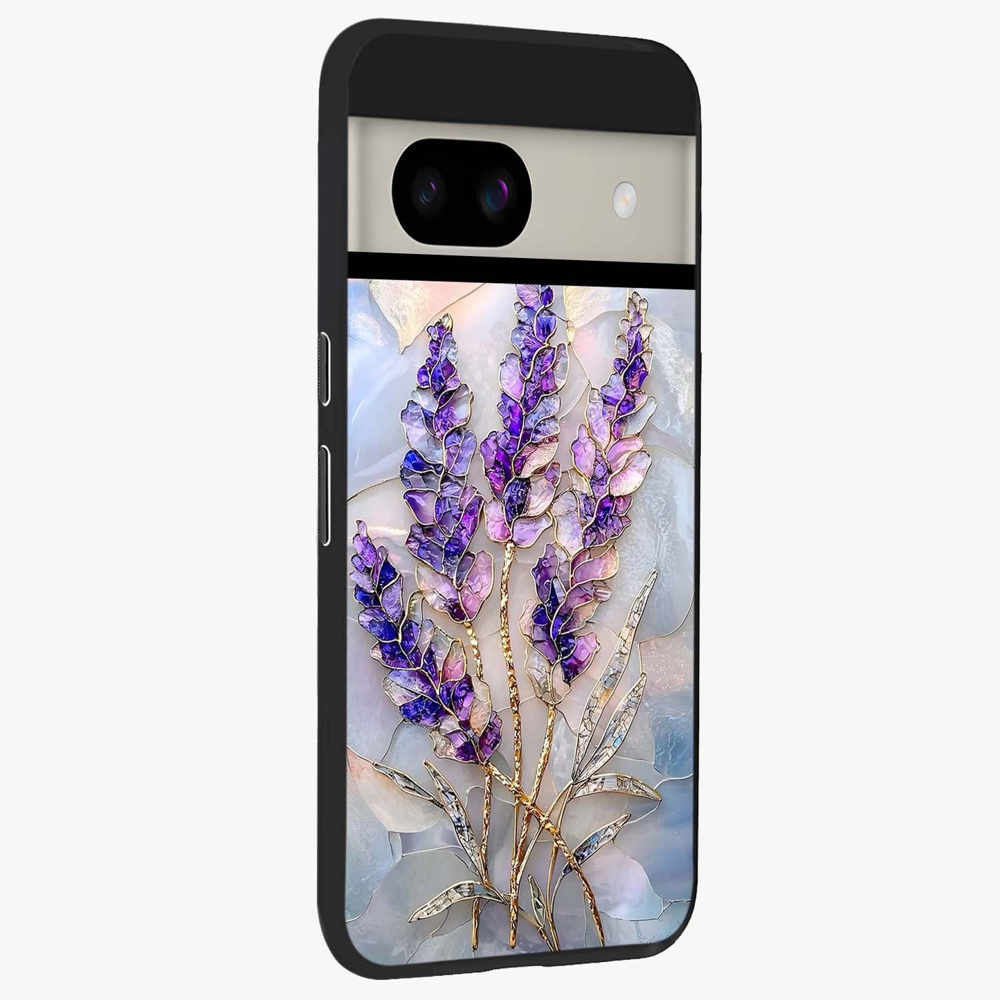 Lavender Dream Glow Glass Case upright view showcasing radiant lavender glow artwork with calming dreamy theme.