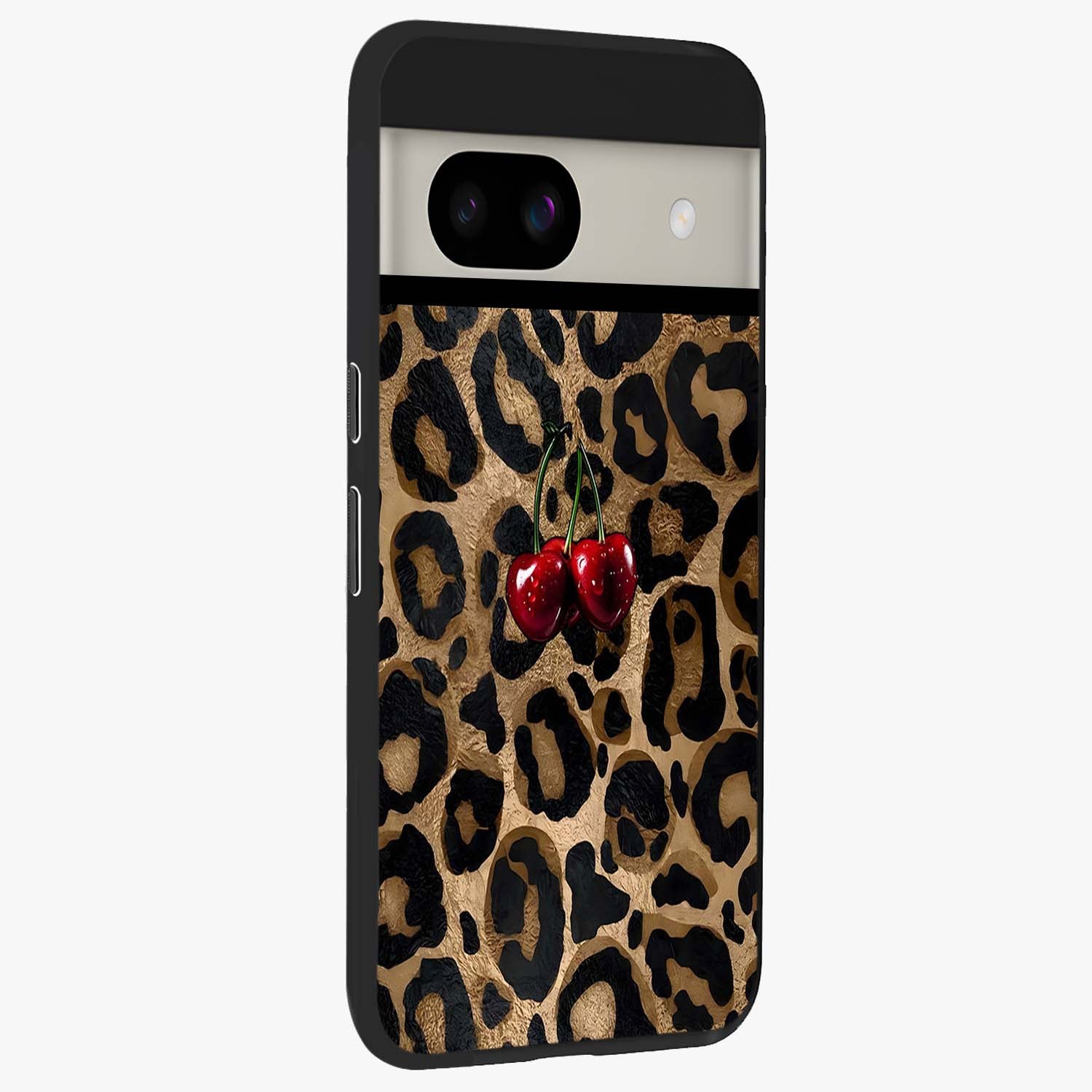 Leopard Wild Cherry Glass Case upright view showcasing stylish leopard pattern artwork with trendy fashion theme.