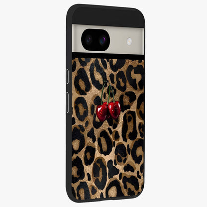 Leopard Wild Cherry Glass Case upright view showcasing stylish leopard pattern artwork with trendy fashion theme.