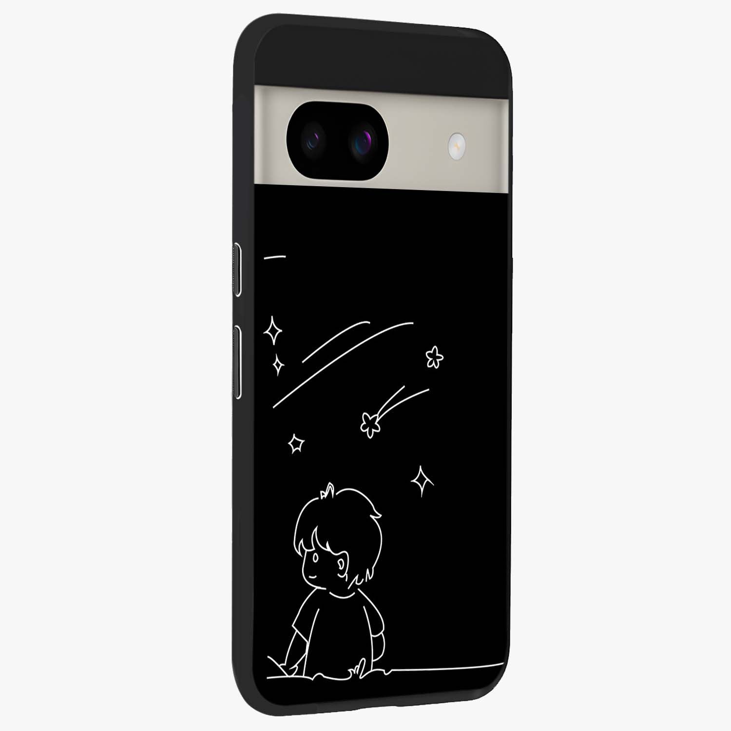 Line Art Boy With Shooting Stars Glass Case upright view showcasing artistic shooting star illustration with minimal style.