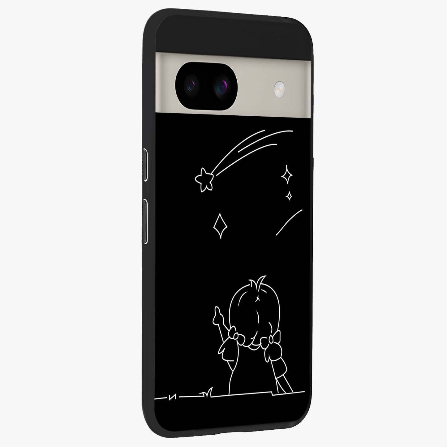 Line Art Girl With Shooting Stars Glass Case upright view showcasing delicate shooting stars artwork with minimal artistic theme.