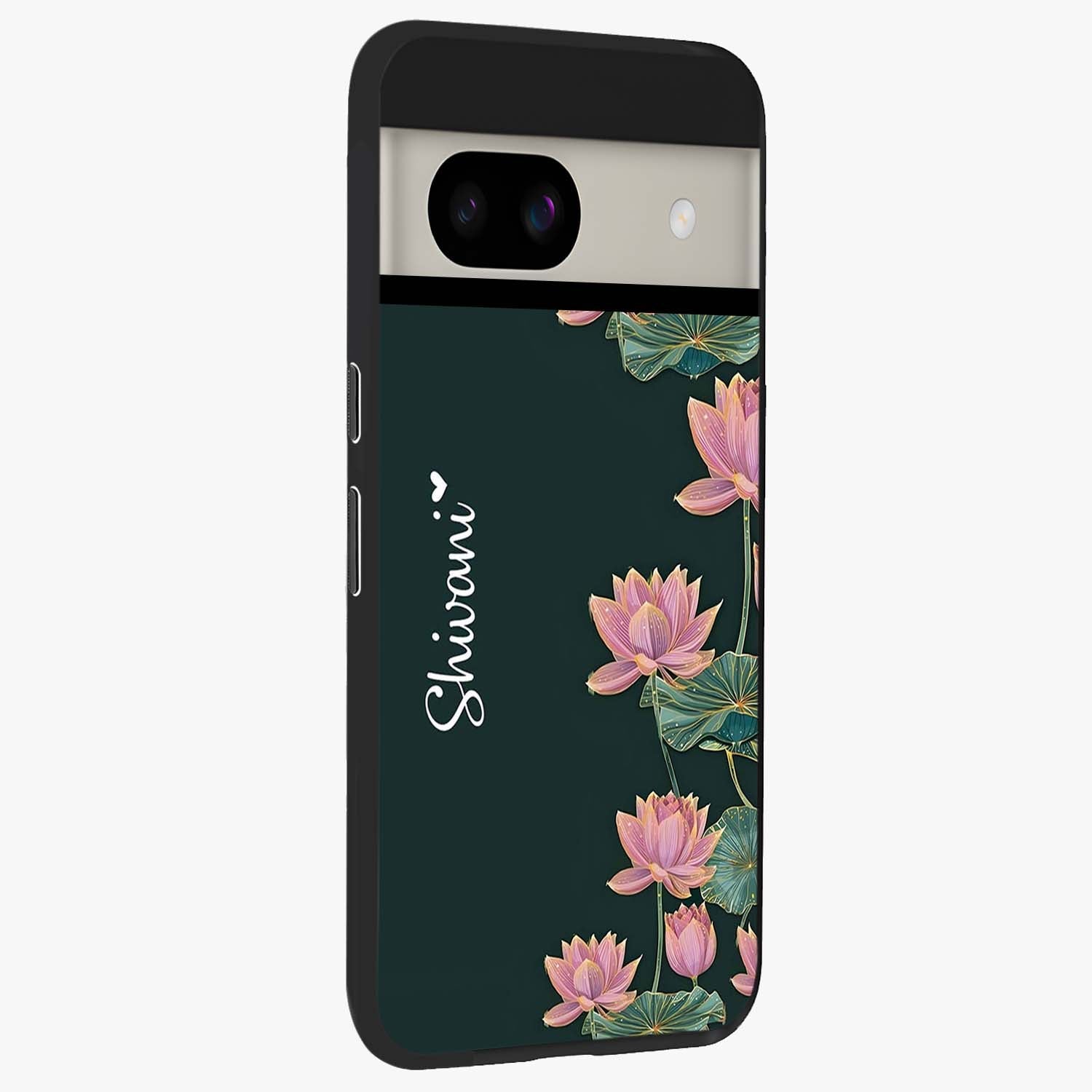 Lotus Bloom Serenity Custom Name Glass Case upright view showcasing serene lotus bloom artwork with personalized floral aesthetic.