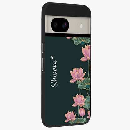Lotus Bloom Serenity Custom Name Glass Case upright view showcasing serene lotus bloom artwork with personalized floral aesthetic.