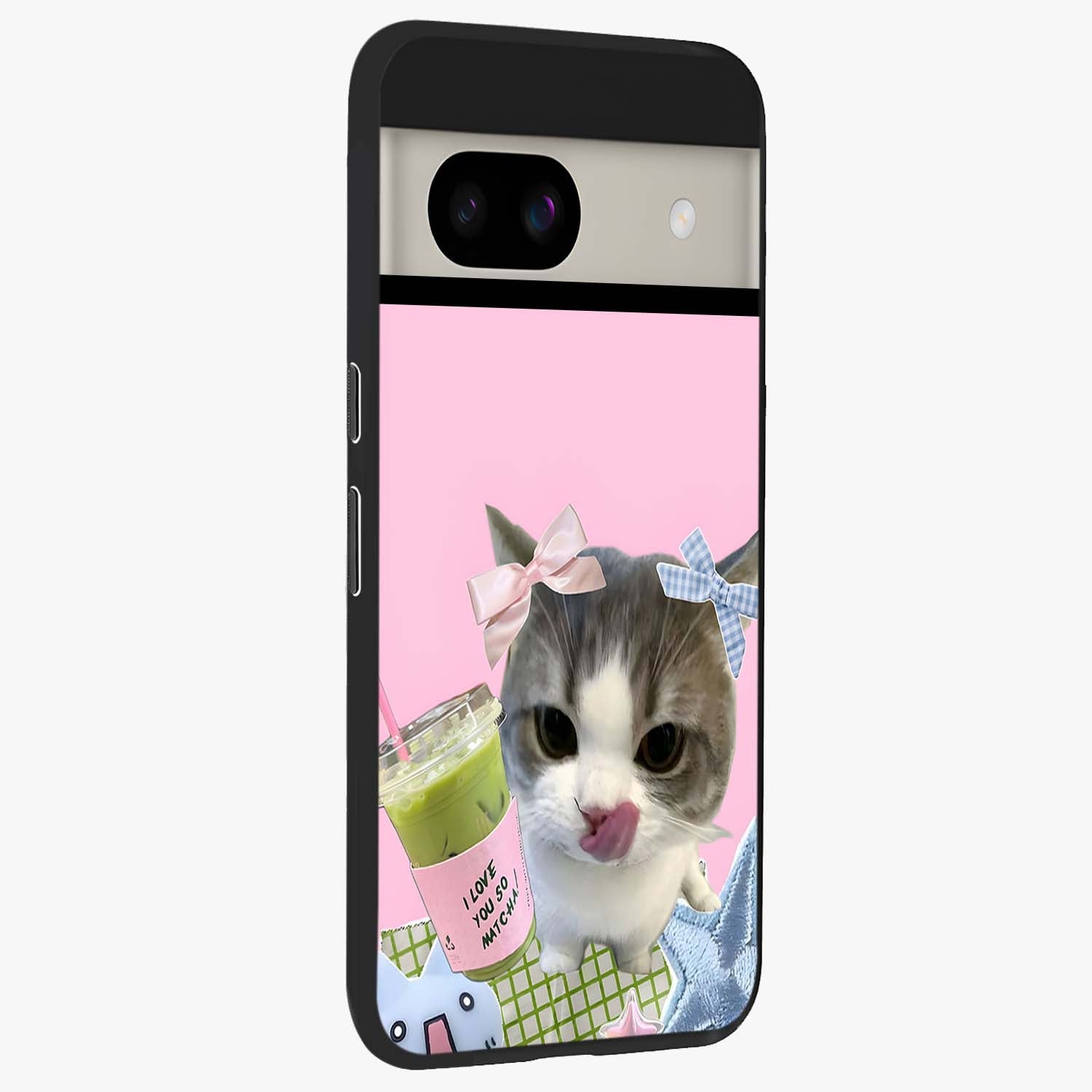 Love Matcha Cat Glass Case upright view showcasing adorable cat artwork with charming matcha themed design.