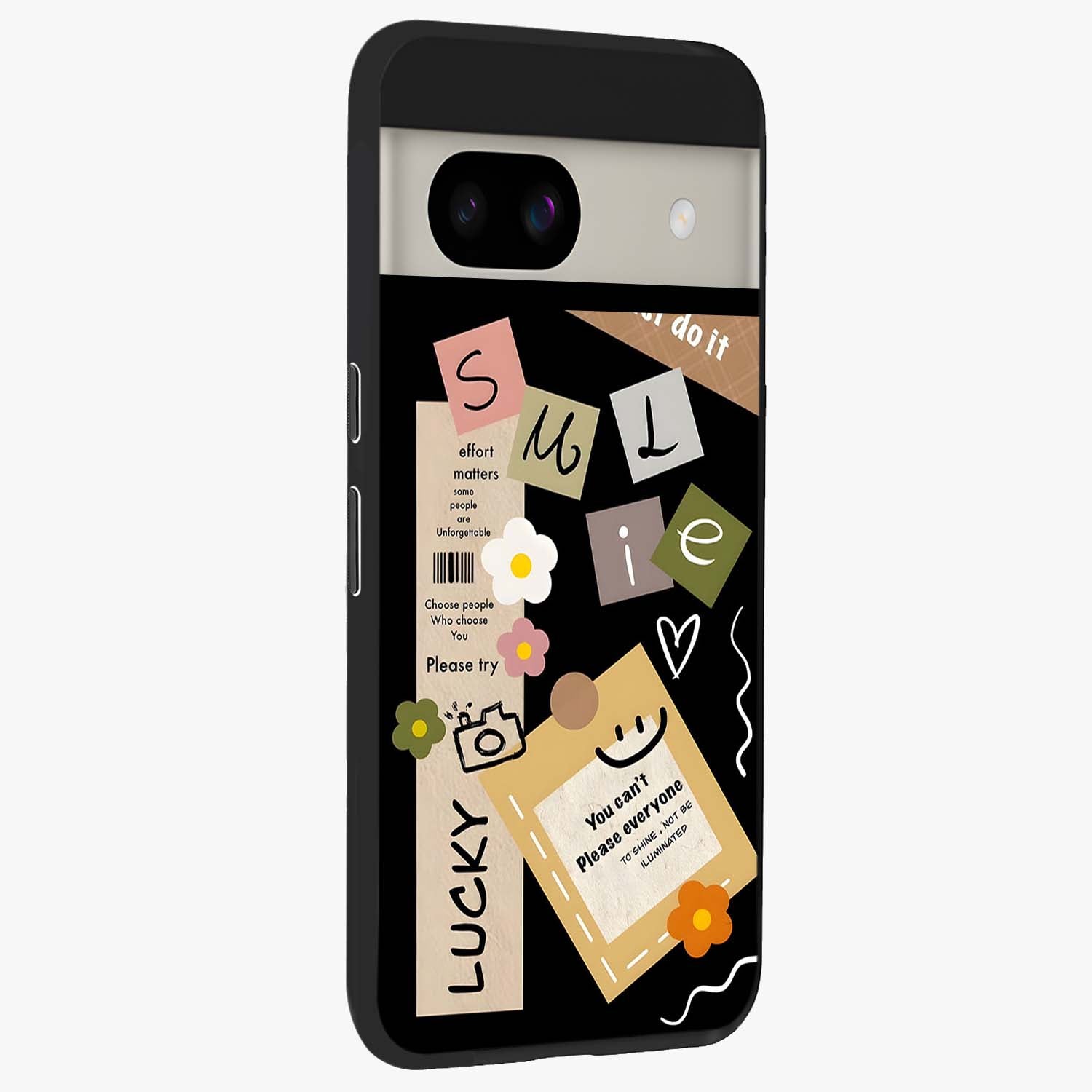 Lucky Aesthetic Collage Glass Case upright view showcasing vibrant collage artwork with youthful aesthetic theme.