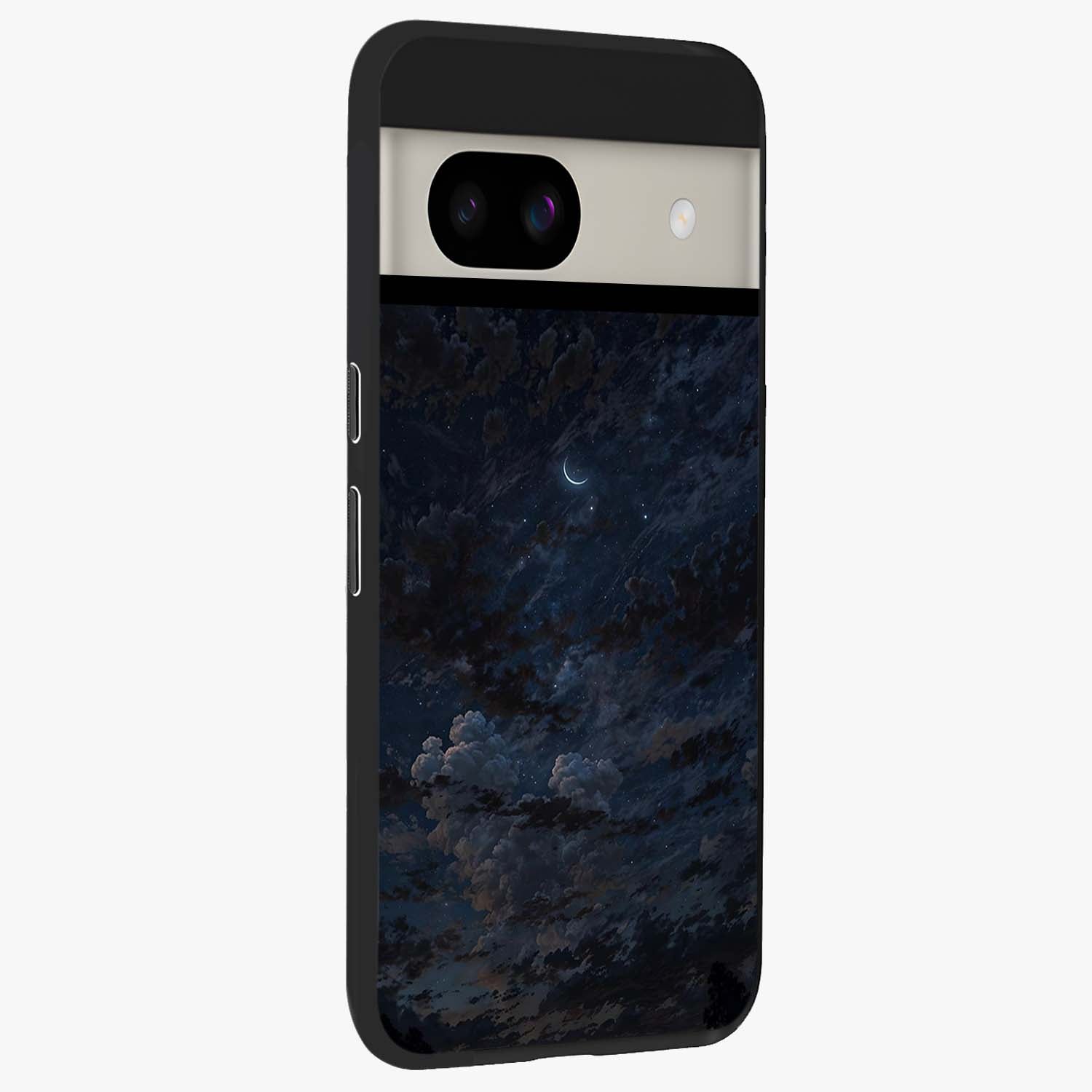 Lunar Veil Silence Glass Case upright view showcasing calm moon themed artwork with serene night atmosphere.