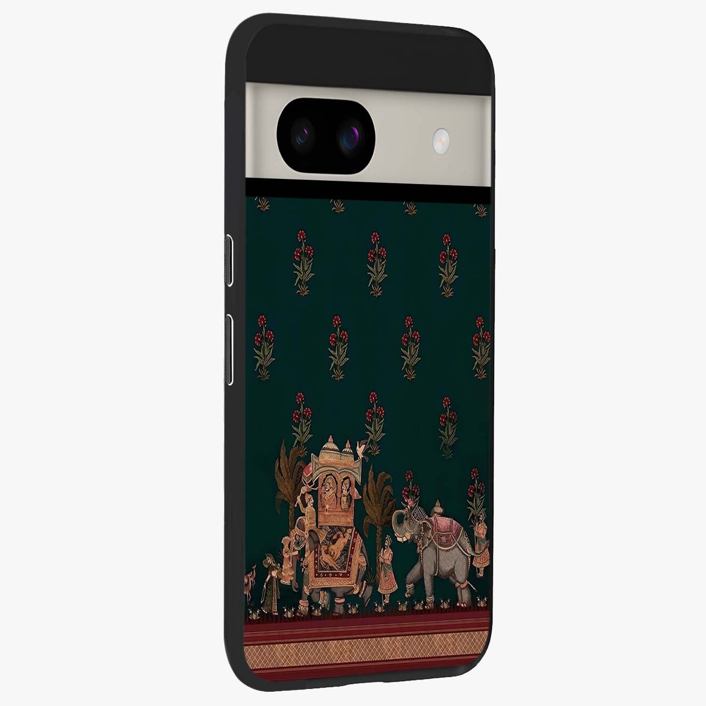 Macmerise Glass Case upright view showcasing bold artistic artwork with contemporary design theme.