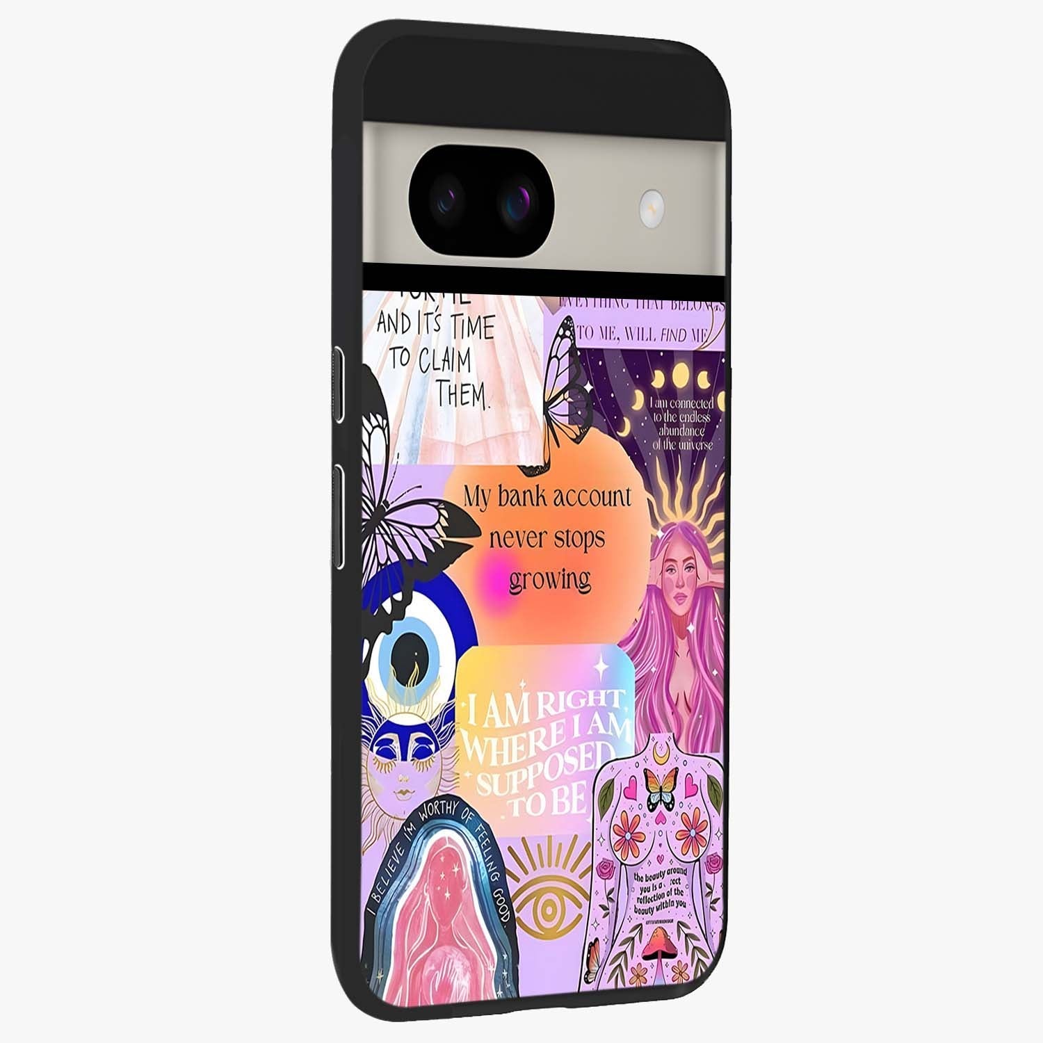 Manifestation Collage Glass Case upright view showcasing artistic manifestation themed artwork with creative style.
