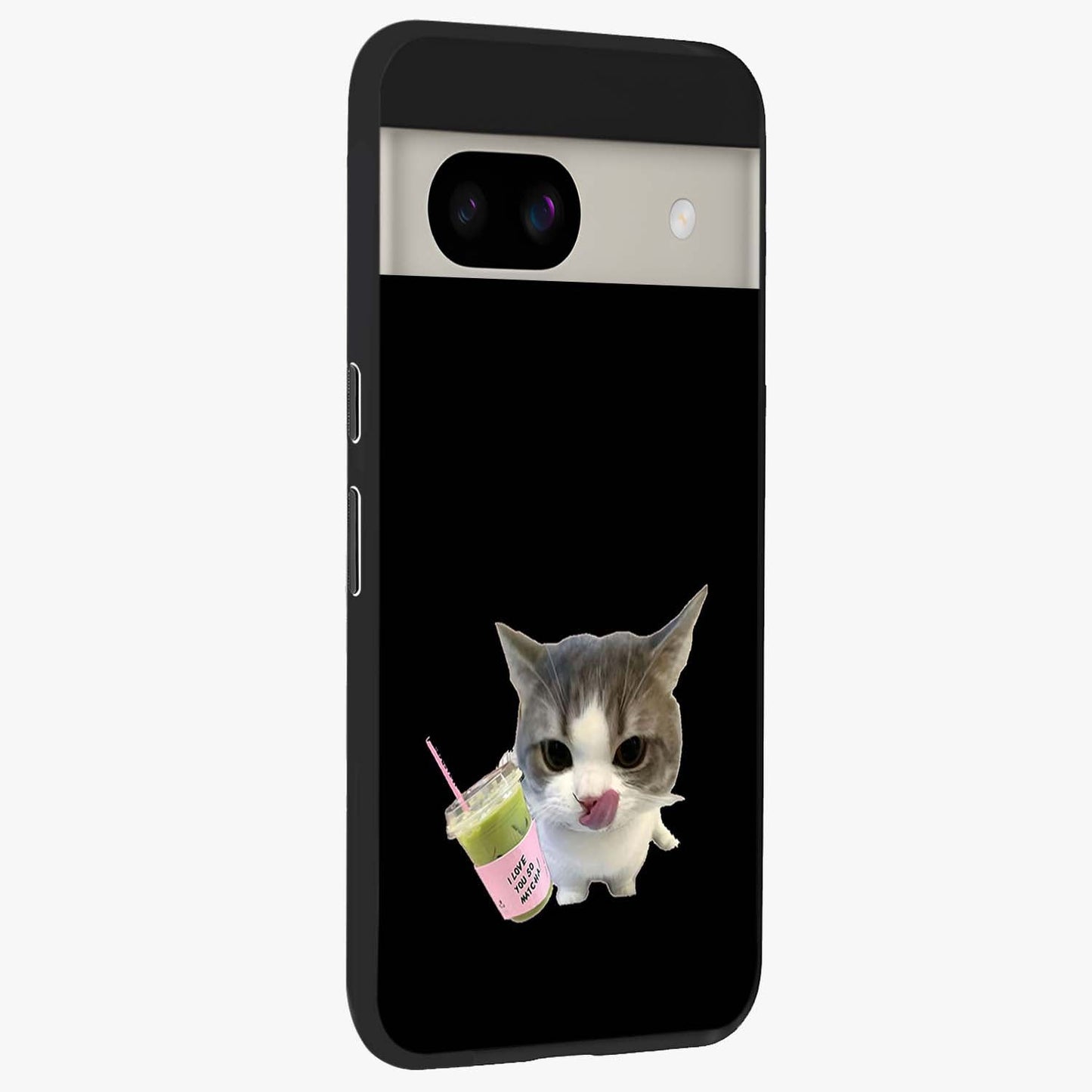 Matcha Cat Style Glass Case upright view showcasing charming cat artwork with cozy aesthetic theme.