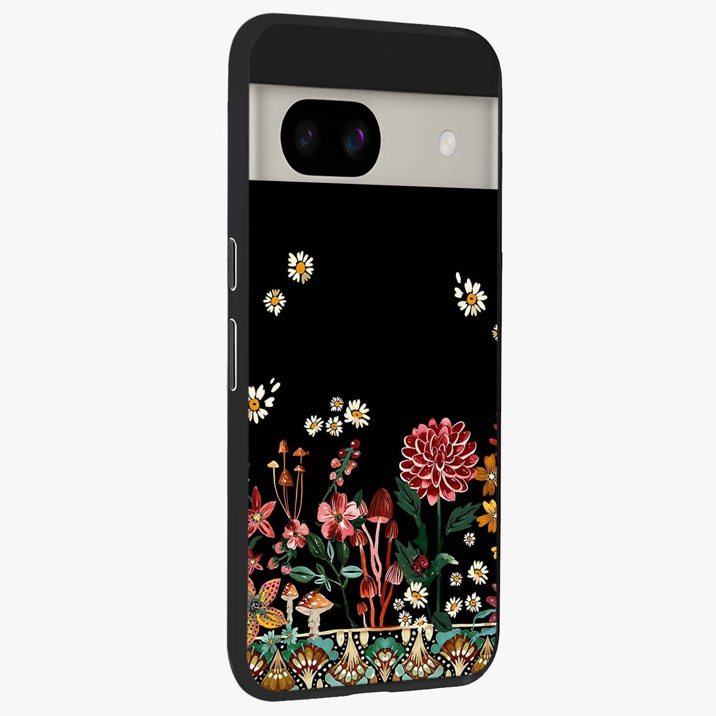 Midnight Bloom Pattern Glass Case upright view showcasing decorative floral artwork with deep night themed palette.