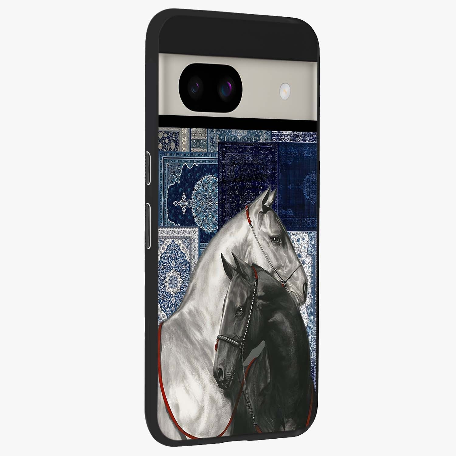 Midnight Stallion Blues Glass Case upright view showcasing dramatic horse artwork with bold artistic theme.