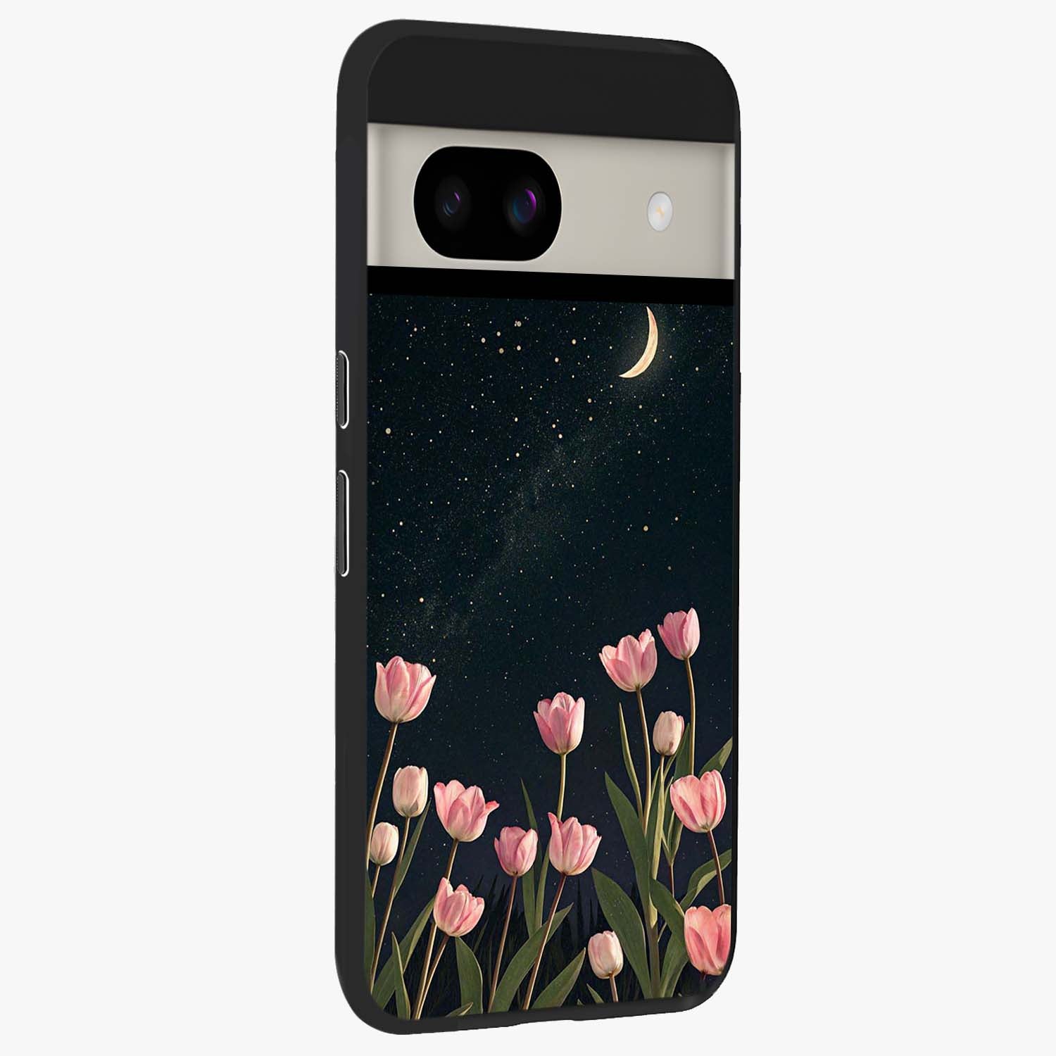 Midnight Tulip Whispers Vibe Glass Case upright view showcasing graceful tulip artwork with calm botanical theme.