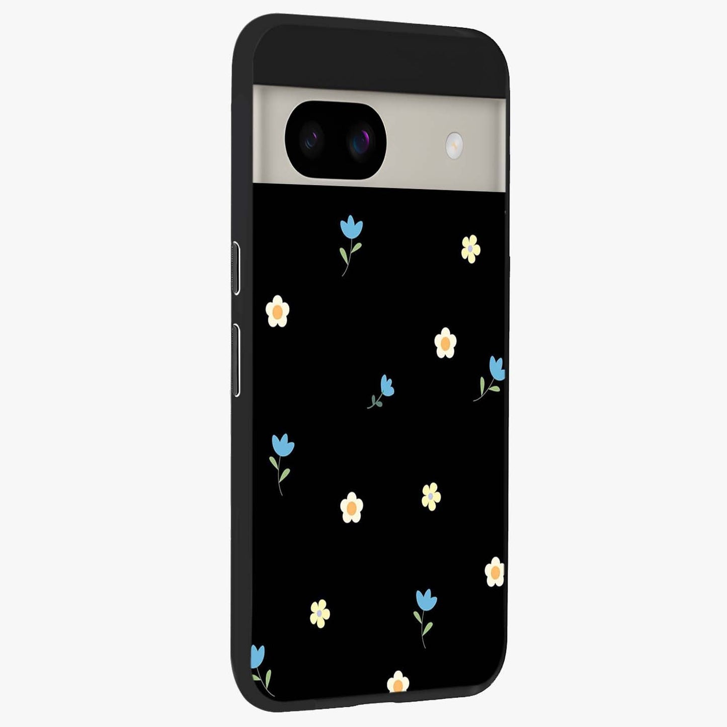 Minimal Petal Whispers Glass Case upright view showcasing elegant floral artwork with modern minimalist style.