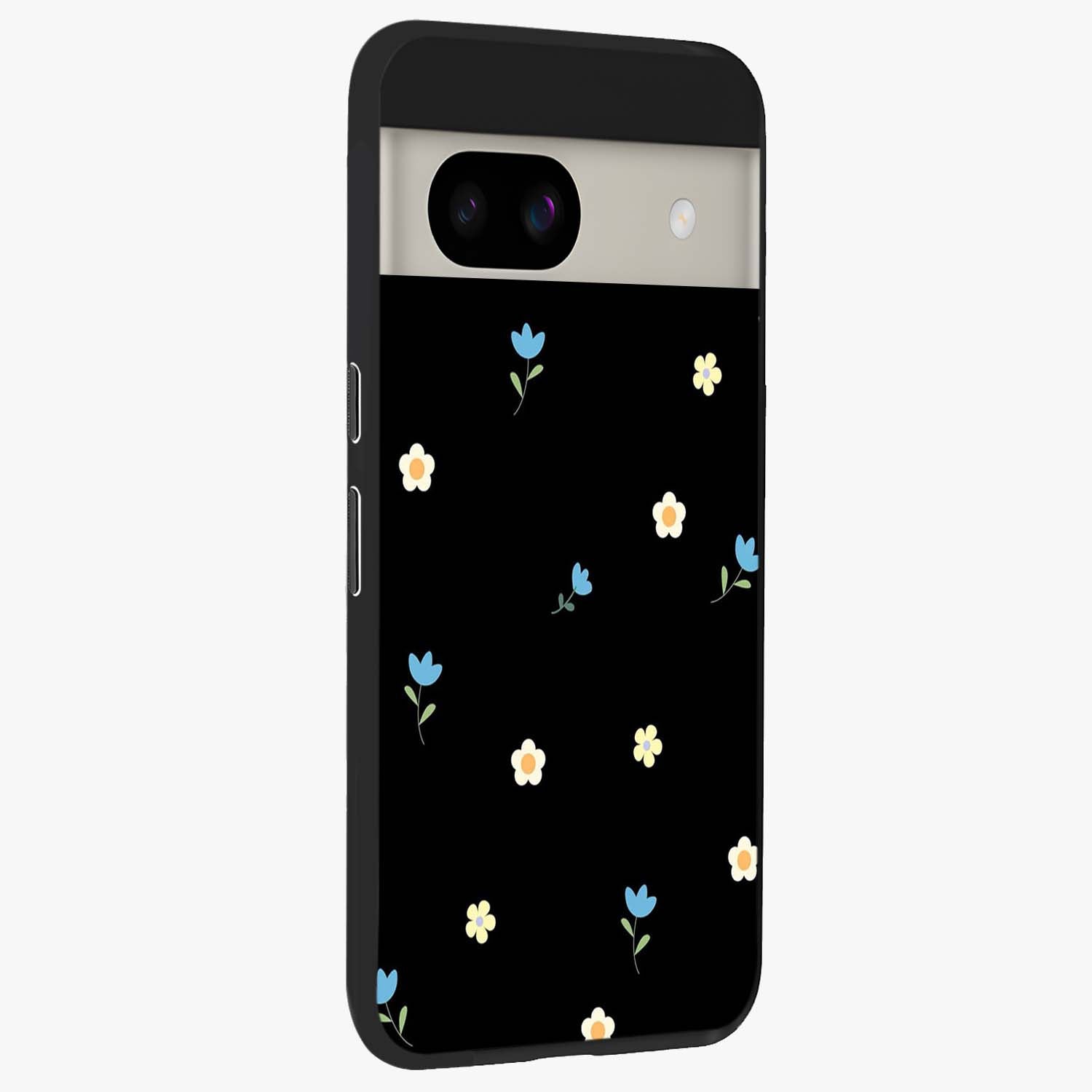 Minimal Petal Whispers Glass Case upright view showcasing elegant floral artwork with modern minimalist style.