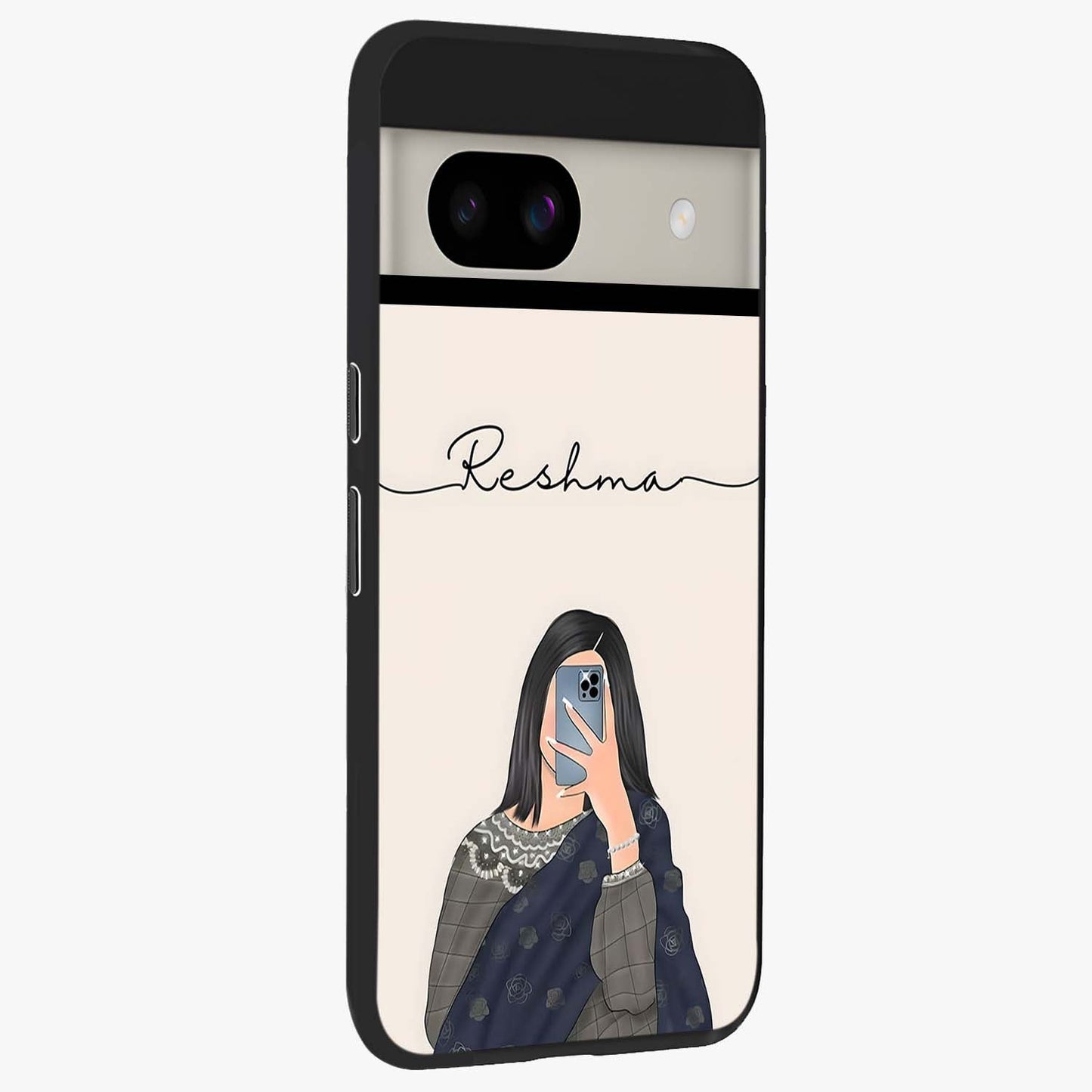 Mirror Mood Muse With Custom Name Glass Case upright view showcasing artistic mirror themed artwork with personalized aesthetic.