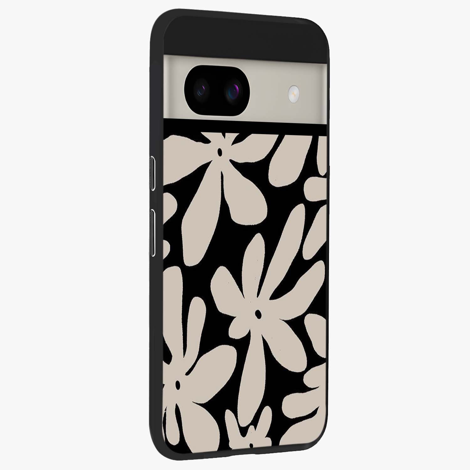 Monochrome Petal Dance Glass Case upright view showcasing artistic floral pattern with stylish monochrome theme.