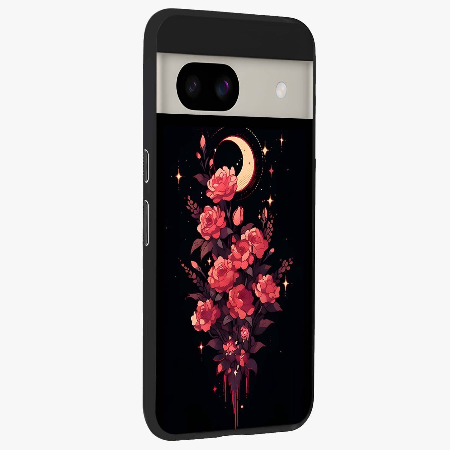 Moonlit Floral Elegance Glass Case upright view showcasing delicate floral artwork with refined night inspired theme.