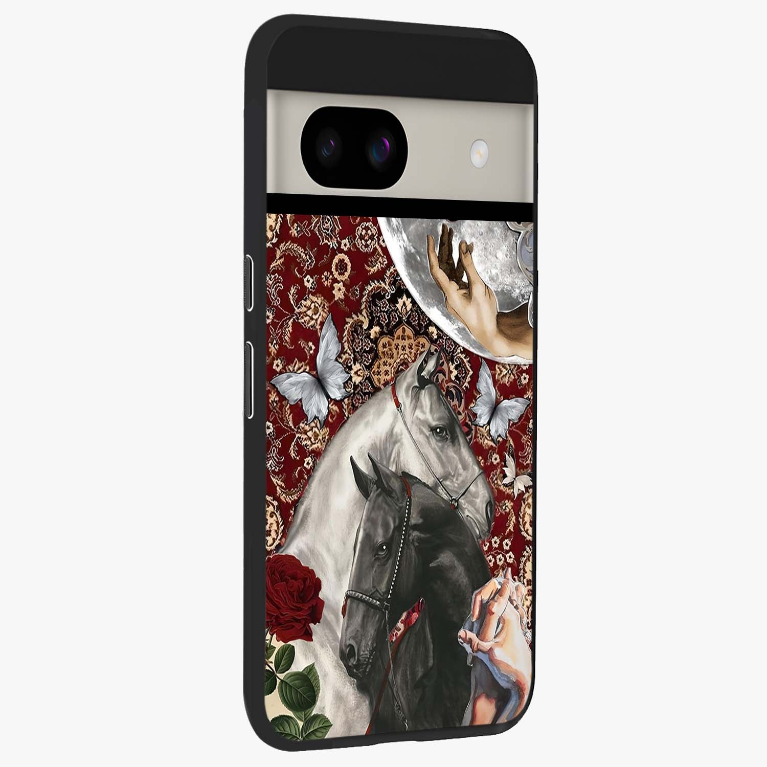 Moonlit Royal Stallion Glass Case upright view showcasing dramatic horse artwork with glowing moon themed design.