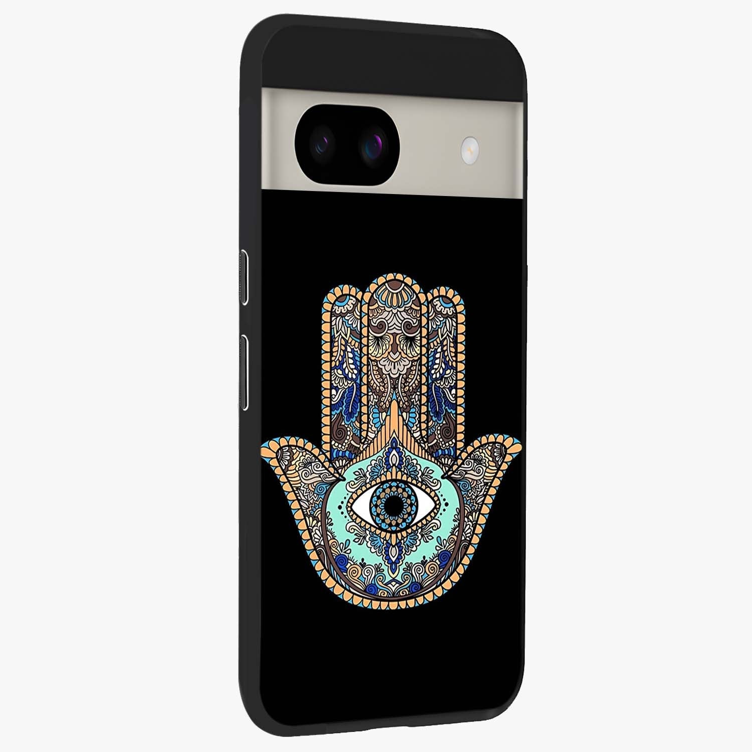 Mystic Hamsa Eye Glass Case upright view showcasing detailed hamsa eye artwork with protective spiritual theme.