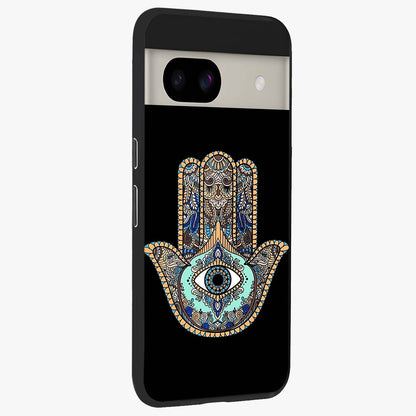 Mystic Hamsa Eye Glass Case upright view showcasing detailed hamsa eye artwork with protective spiritual theme.